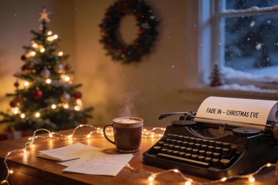 Sell your christmas script - typewriter on desk at Christmas